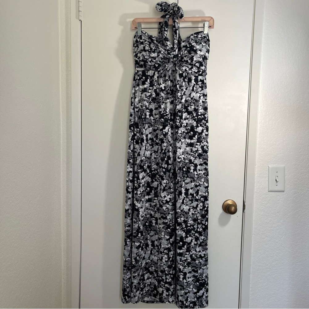 Soma by Chico’s Black White Floral Halter Maxi Dress Sz Medium Pockets Spring